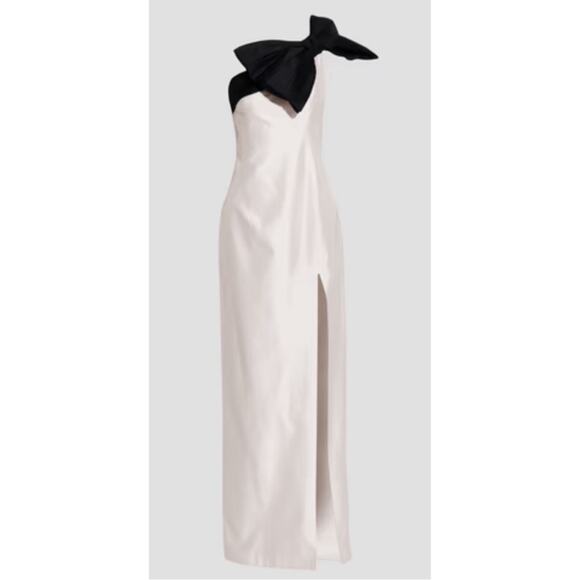 RASARIO One Shoulder Bow Embellished Silk Satin Black and White Maxi Gown Sz 10 - Picture 4 of 13
